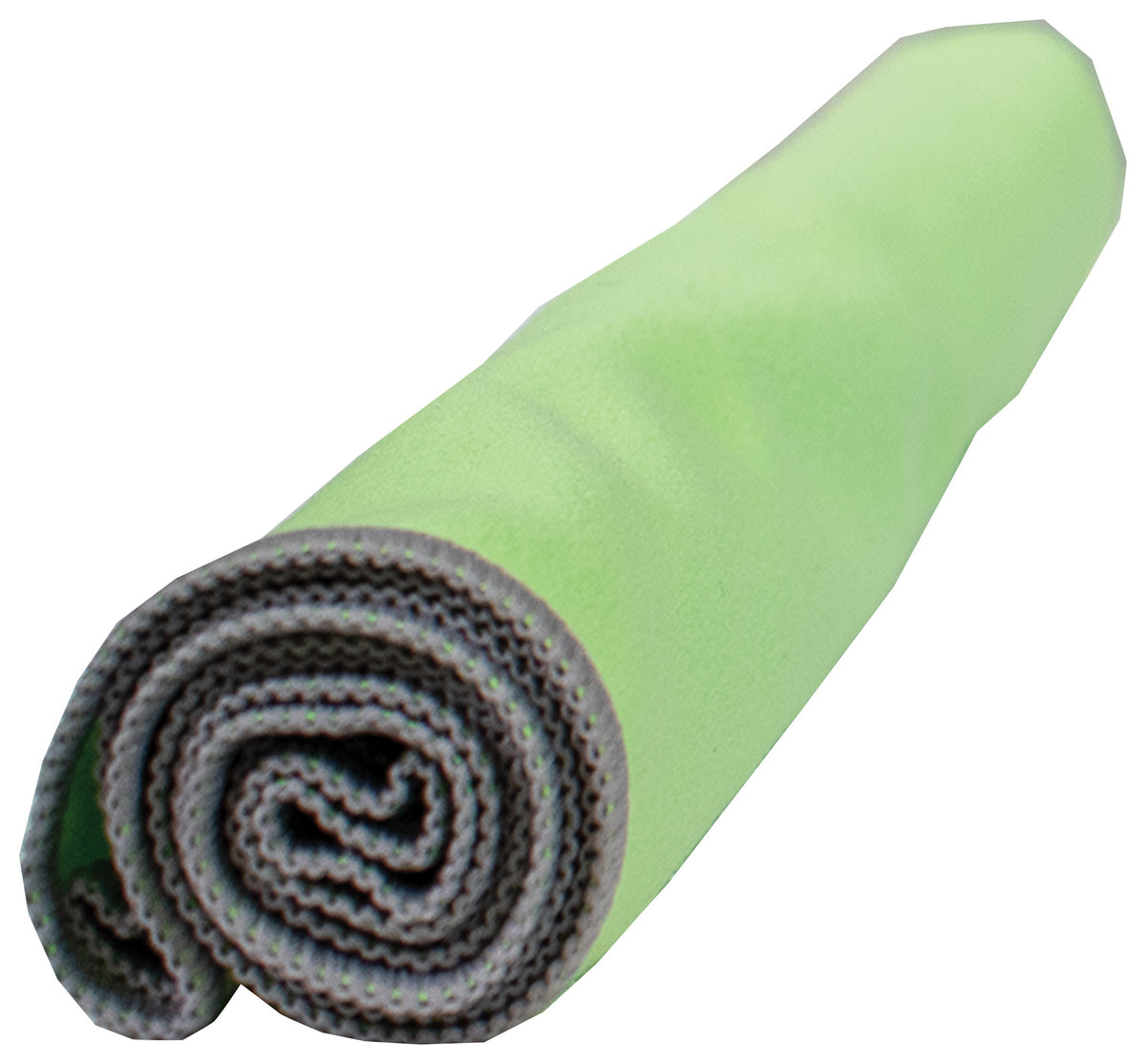 Close-up of the rolled lime green Chilly Pad Pro towel showing gray stitched edging