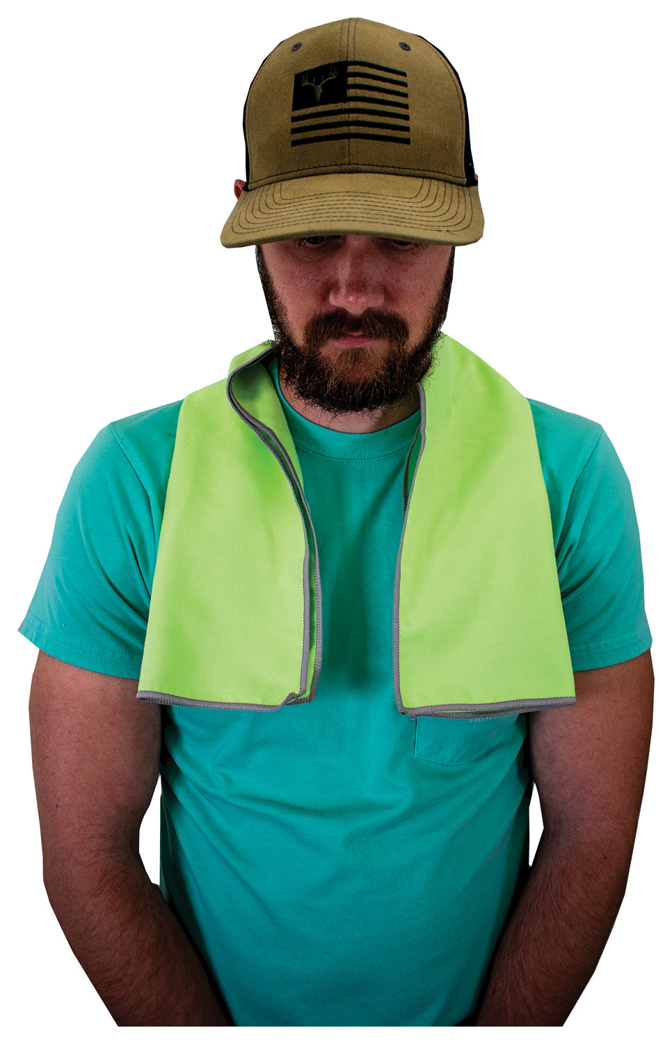 Man wearing a lime green Frogg Toggs Chilly Pad Pro towel around his neck