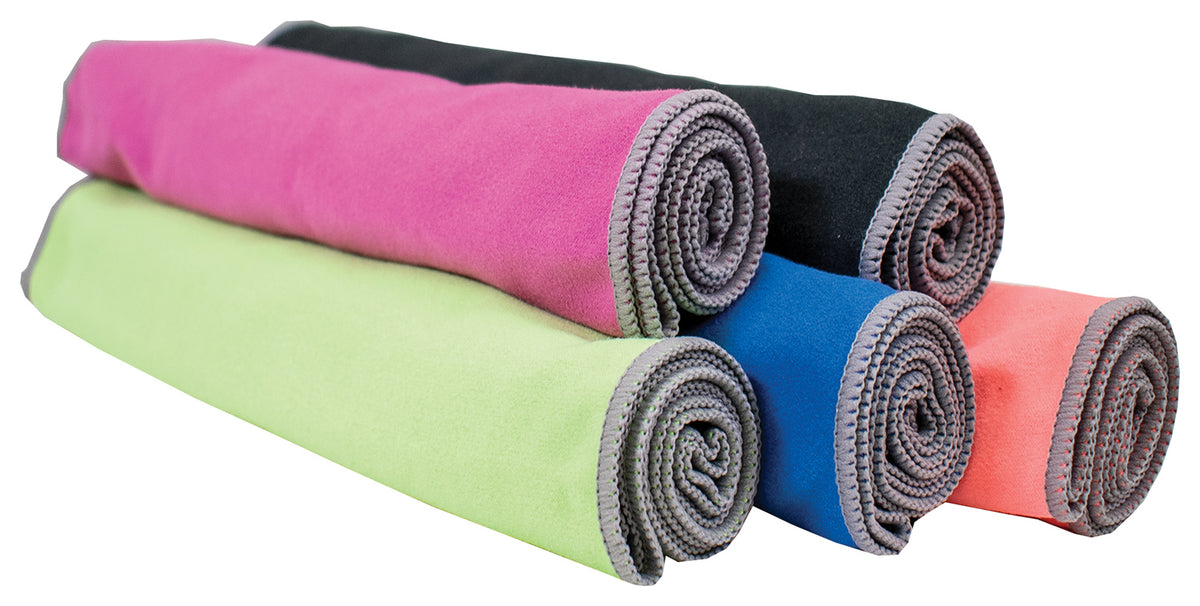 Five rolled Chilly Pad Pro towels in pink, black, green, blue and coral, stacked together; towels sold individually
