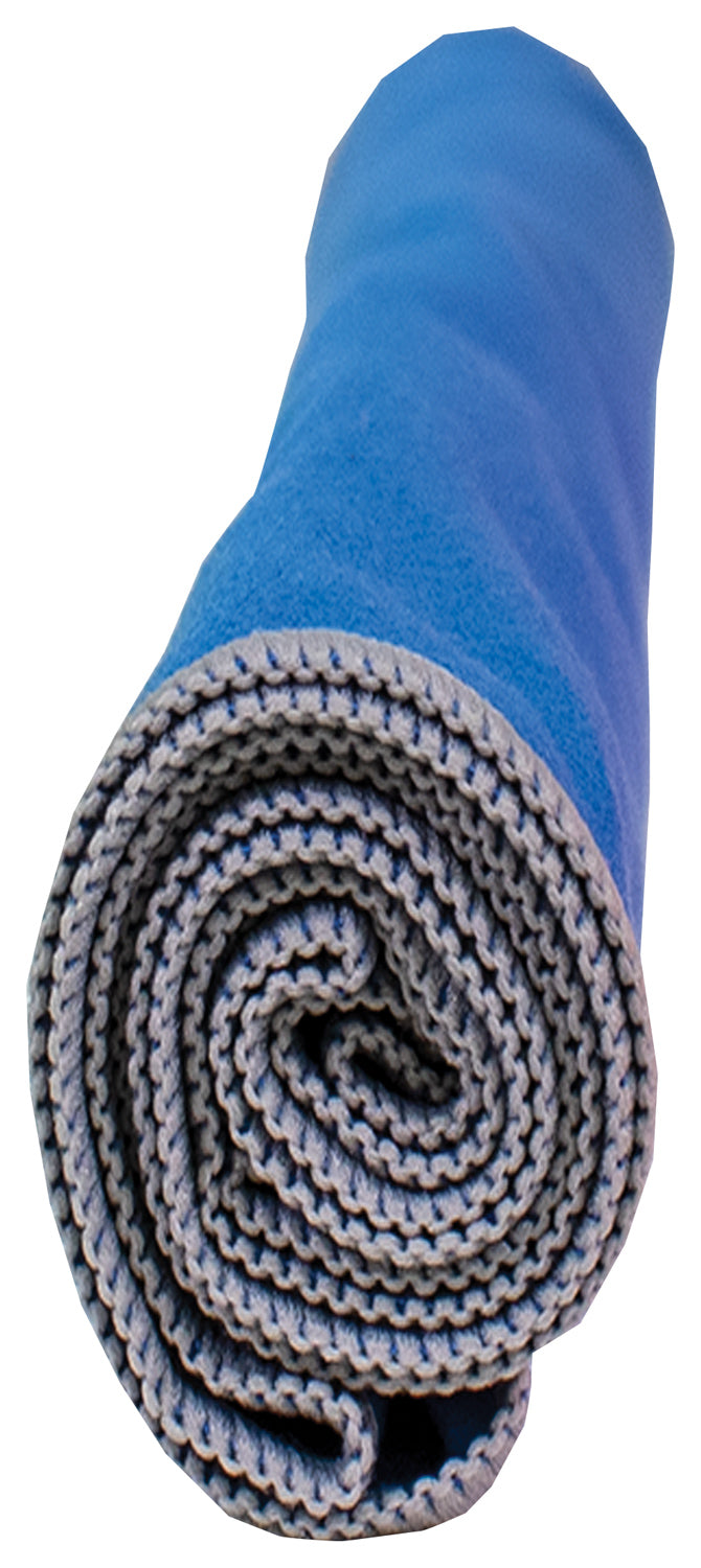 Close-up of the rolled blue Chilly Pad Pro towel showing gray stitched edging