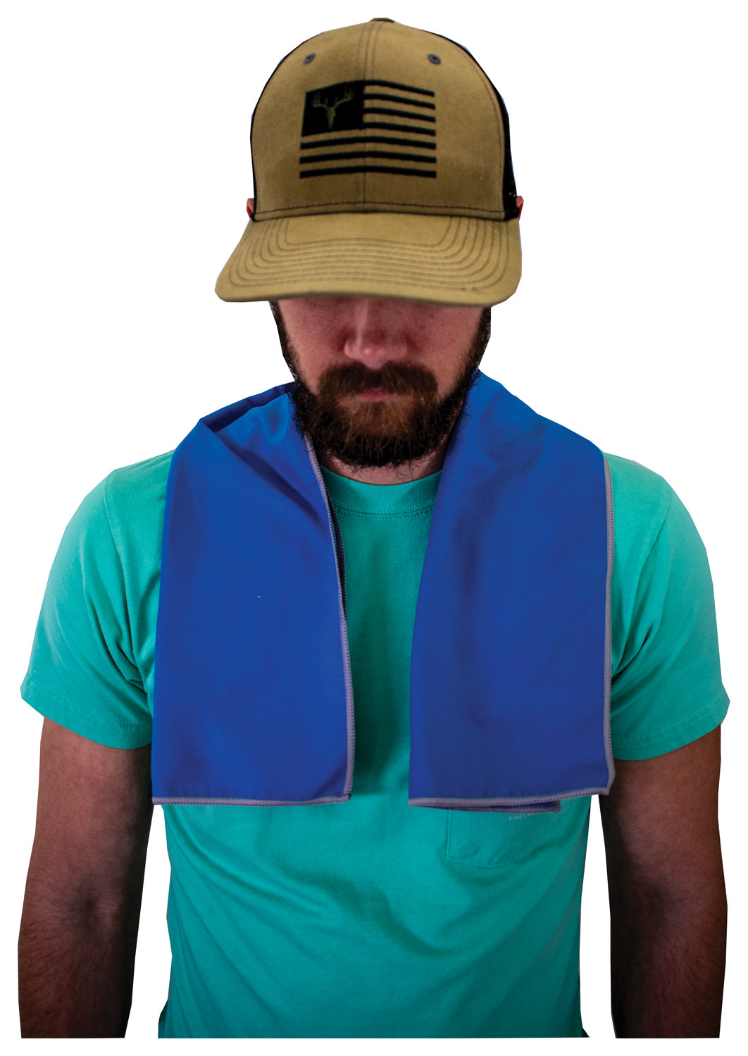 Man wearing a blue Frogg Toggs Chilly Pad Pro towel around his neck