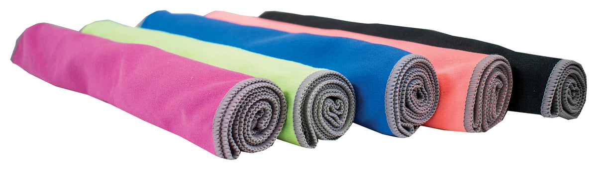 Five rolled Chilly Pad Pro towels in pink, green, blue, coral and black arranged in a row; towels sold individually