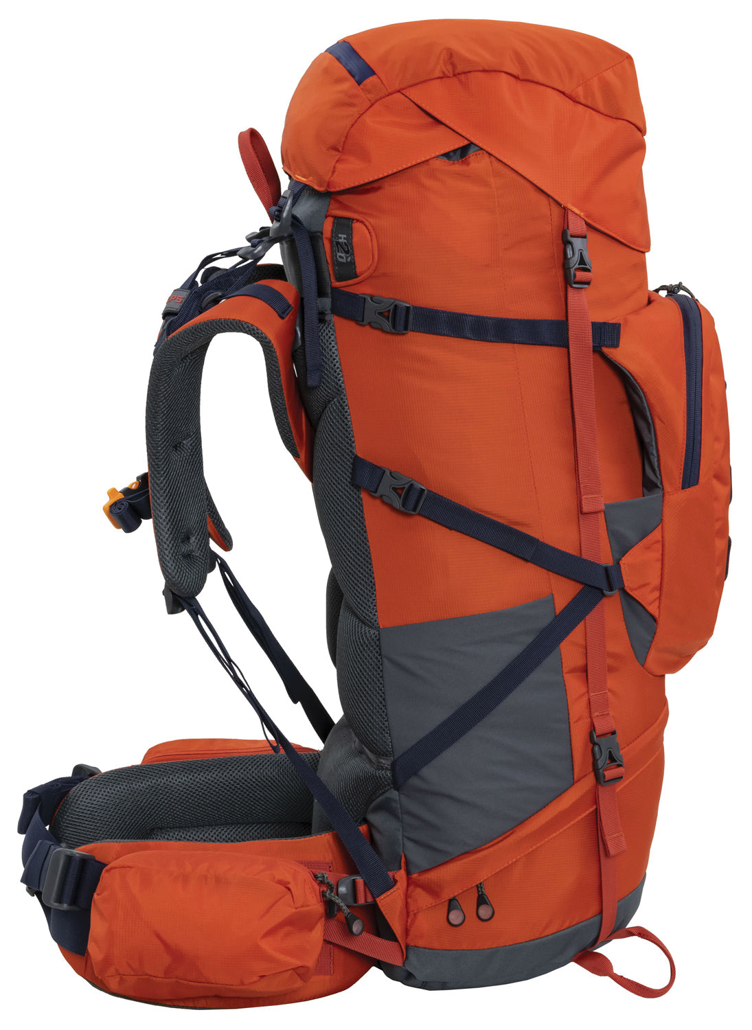 Chili Red Tail 65L pack in side profile, showing compression straps and a waist-belt pocket