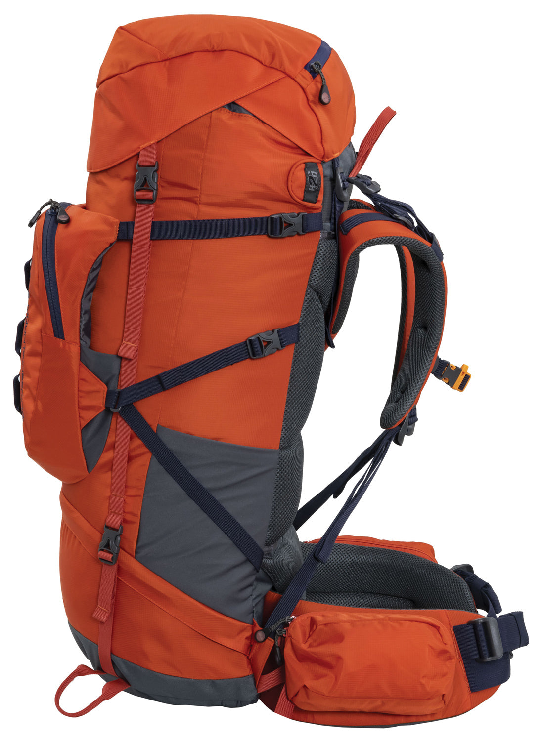 Chili Red Tail 65L pack in the opposite side profile, showing the harness and compression straps
