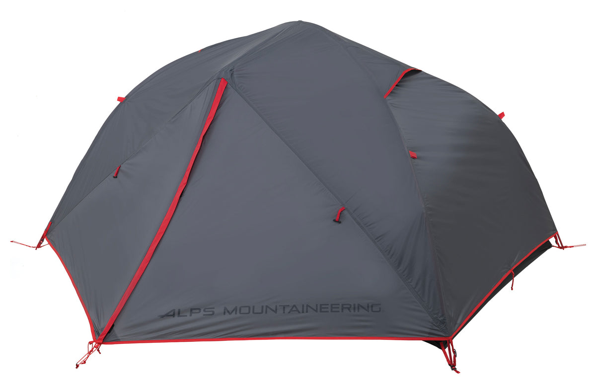 ALPS Helix 2 tent in charcoal and red with the rainfly and vestibule closed