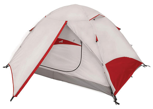 ALPS Taurus 4 tent with its gray and red rainfly vestibule open