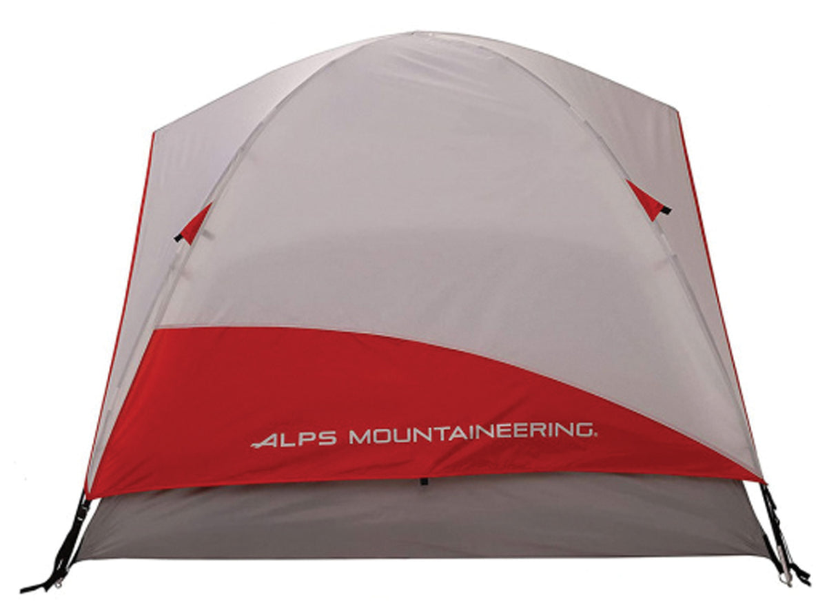 ALPS Meramac 4 tent with its gray and red rainfly, viewed from the side