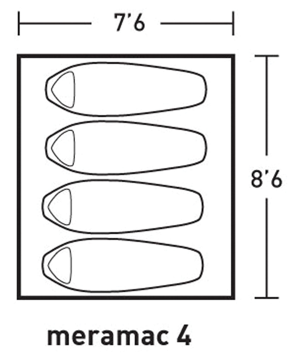 ALPS Meramac 4 floor-plan diagram showing space for four sleeping bags