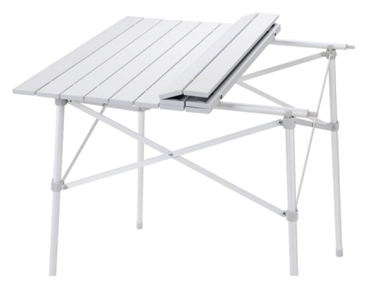 ALPS Camp Table with its silver tabletop partly rolled back