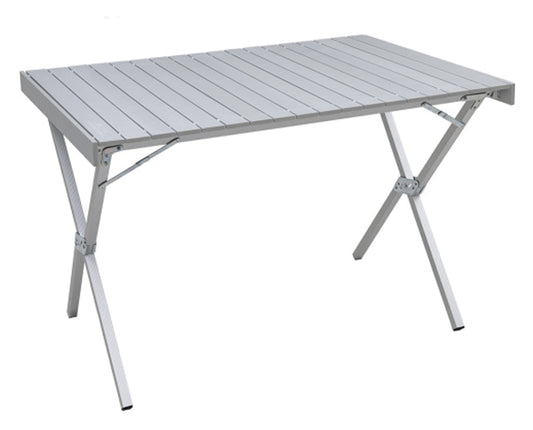 ALPS Regular Dining Table in Silver with rectangular roll-top and aluminum X-frame