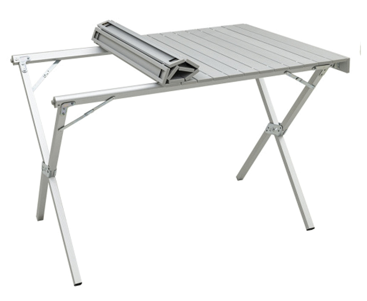 ALPS Regular Dining Table with the silver tabletop partly rolled back