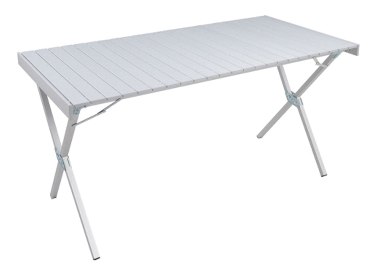 ALPS XL Dining Table in Silver with rectangular slatted top and folding X-frame