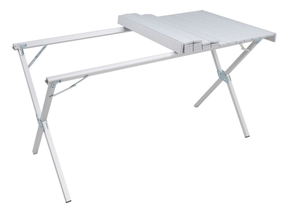 ALPS XL Dining Table with its silver roll-top partly folded to reveal the frame