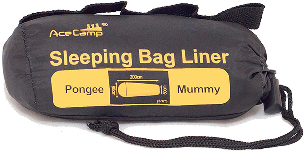 AceCamp mummy-shaped pongee sleeping bag liner packed in its labeled stuff sack
