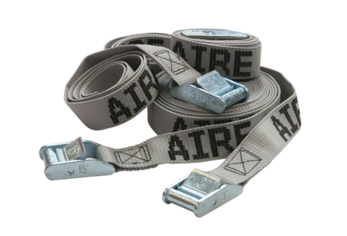 AIRE cam straps with branded webbing and metal buckles, shown in assorted lengths