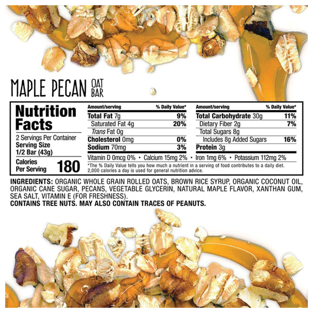 Nutrition facts and ingredients label for Bobo's Maple Pecan Oat Bar