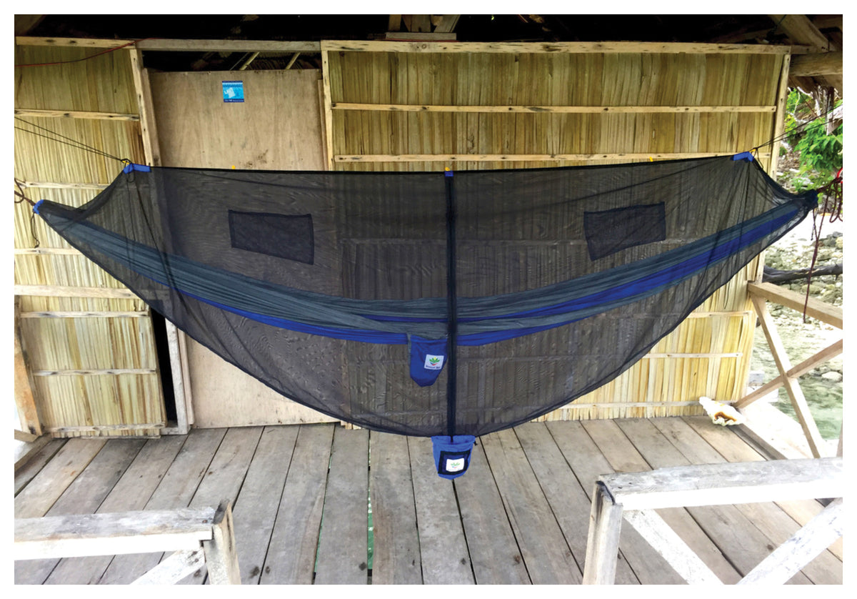 Hammock Bliss Ultralight Net Cocoon suspended on a porch with a hammock inside; hammock sold separately