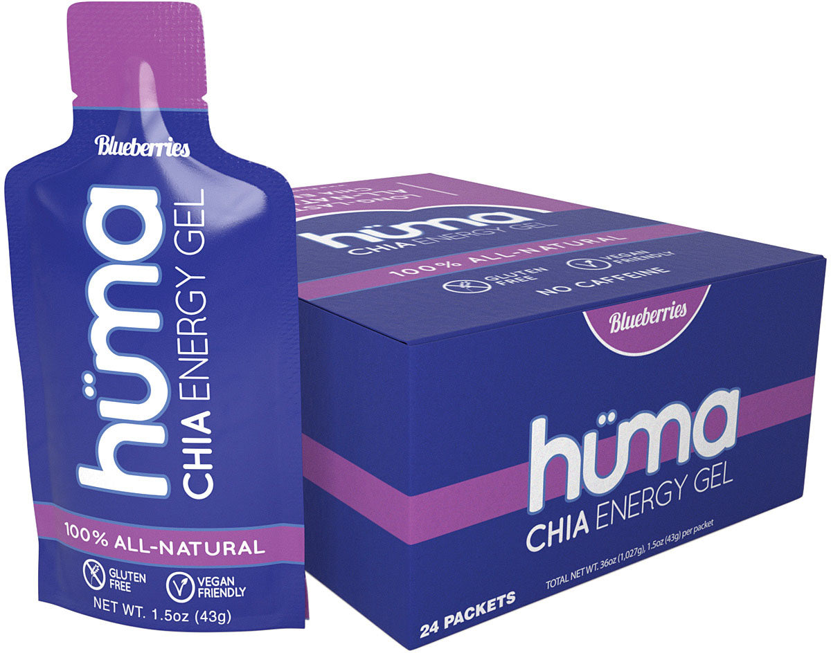 Hüma Original Blueberry energy gel packet beside a display carton