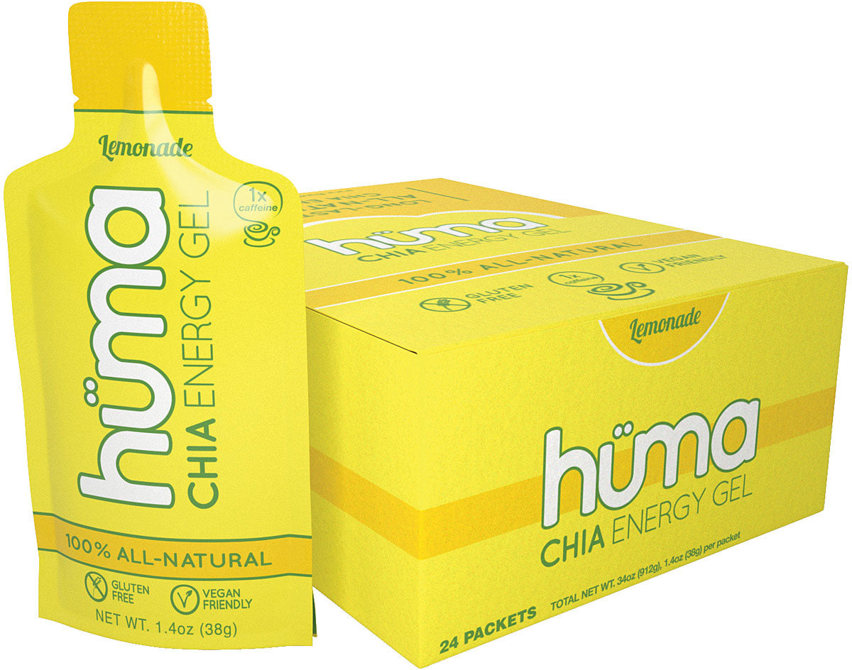 Hüma Original Lemonade energy gel packet beside a display carton