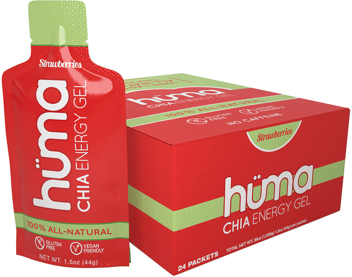 Hüma Original Strawberry energy gel packet beside a display carton