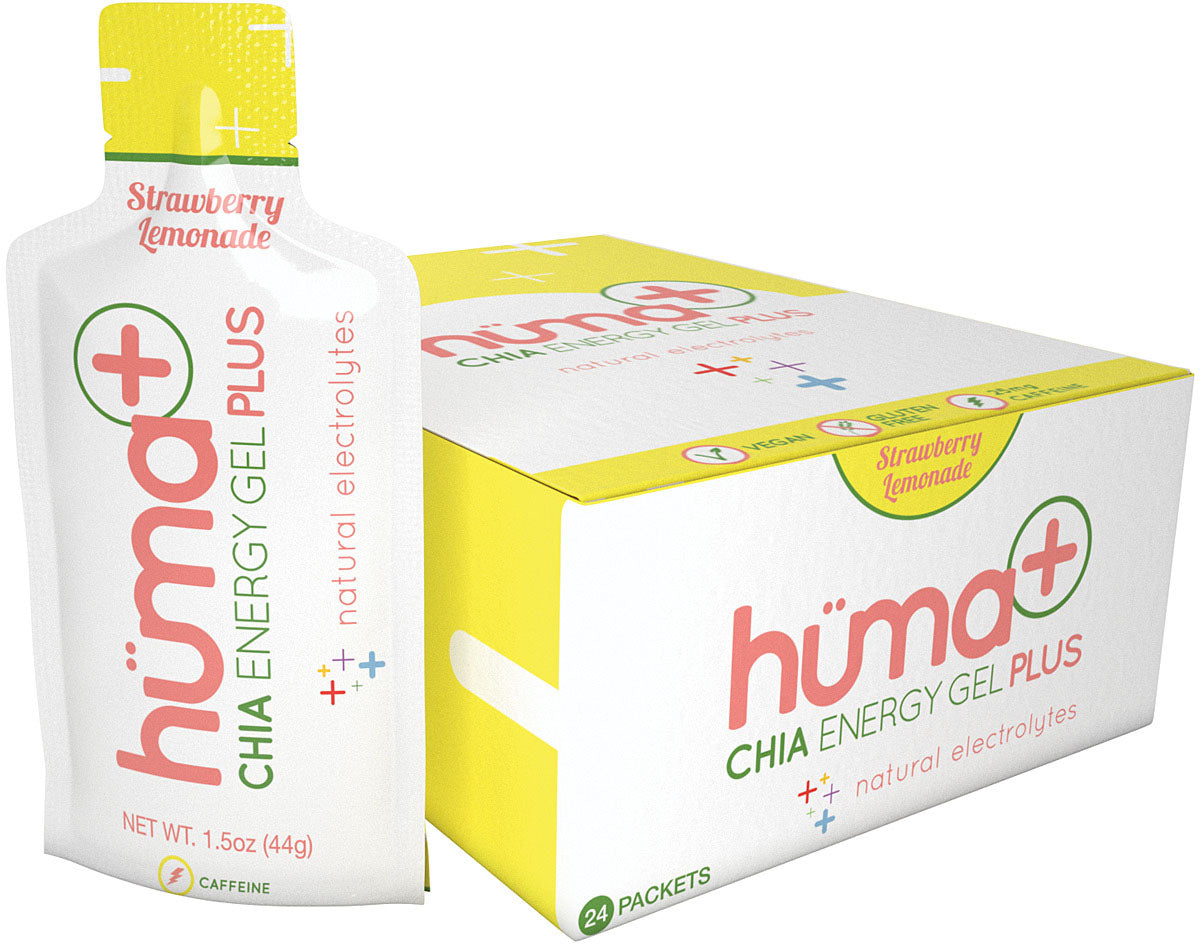 Hüma Plus Strawberry Lemonade gel packet beside a display carton