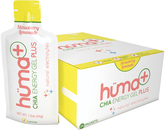 Hüma Plus Strawberry Lemonade gel packet beside a display carton