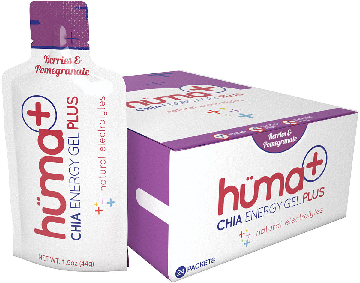 Hüma Plus Berries and Pomegranate gel packet beside a display carton