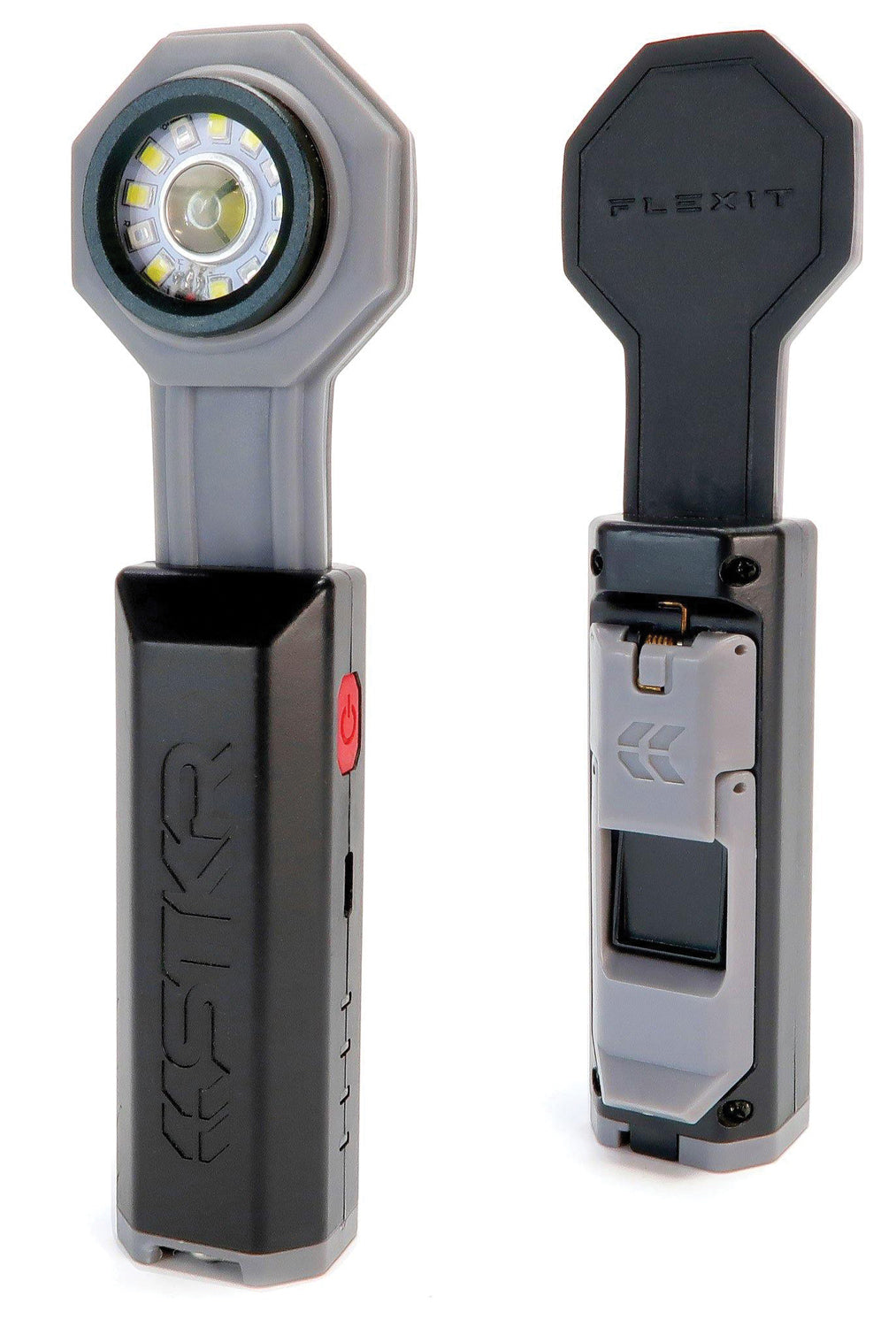 STKR FLEXIT Pocket Light 4.0 shown from the front and rear with its flexible head upright