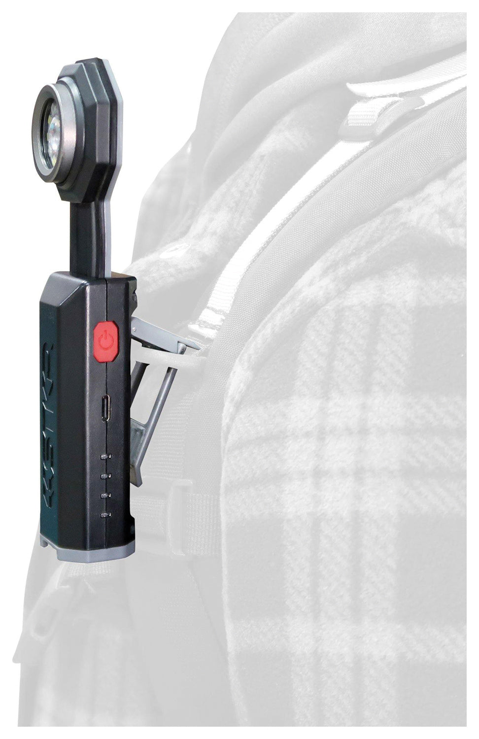 STKR FLEXIT Pocket Light 4.0 clipped to a backpack shoulder strap