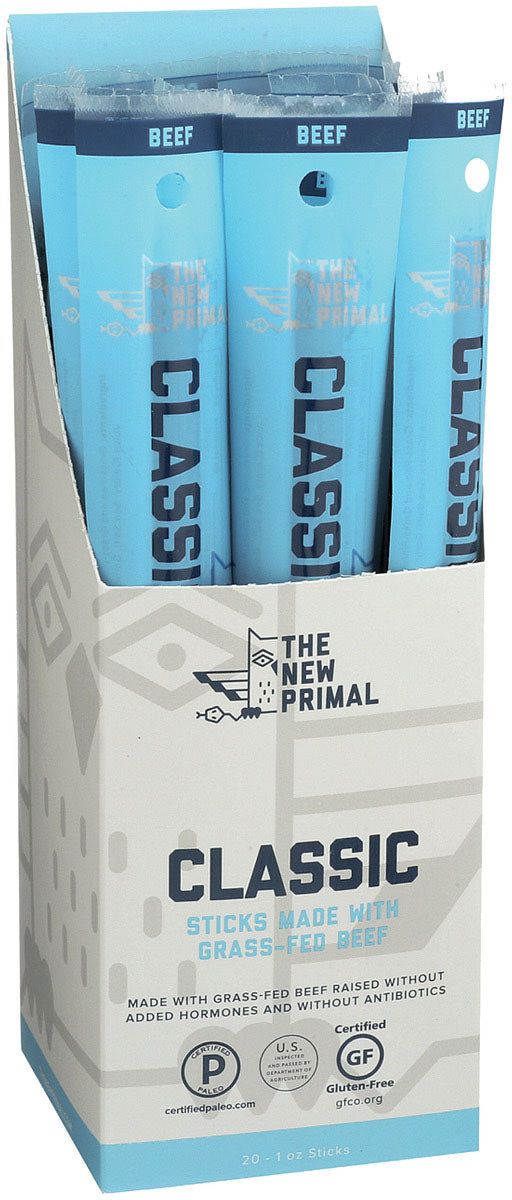 The New Primal Classic Beef snack sticks in a display carton
