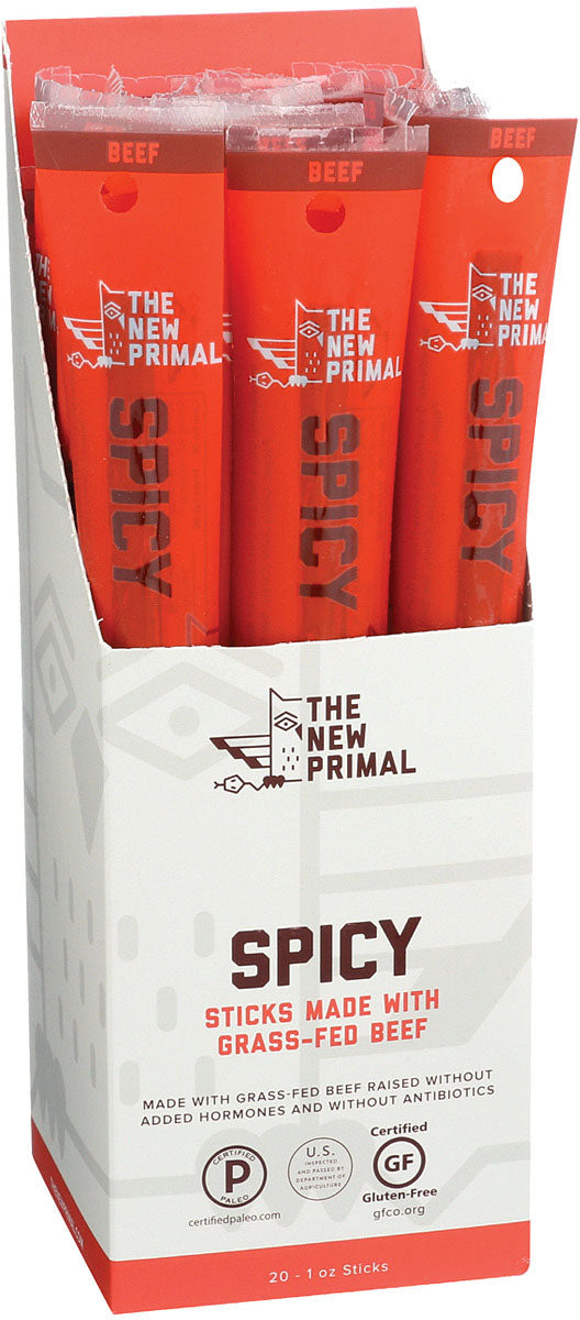 The New Primal Spicy Beef snack sticks in a display carton