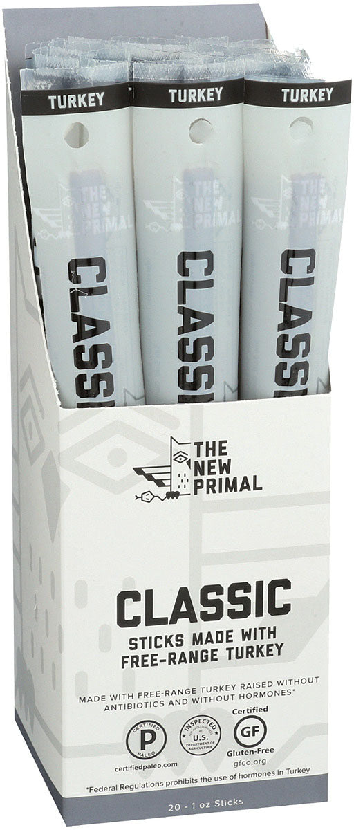 The New Primal Classic Turkey snack sticks in a display carton