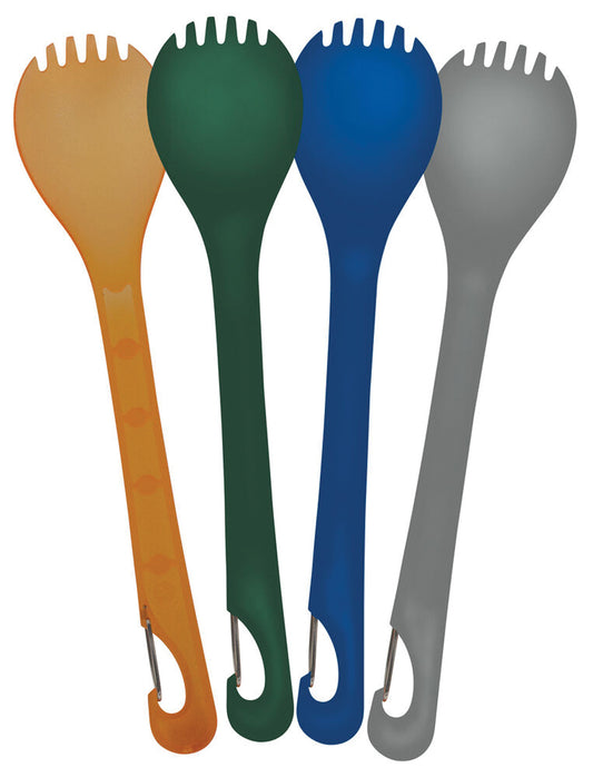 Four UST KLIPP sporks in orange, green, blue and gray with handle clips