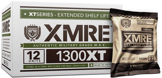 XMRE 1300XT case marked 12 units with one sealed meal pouch beside it