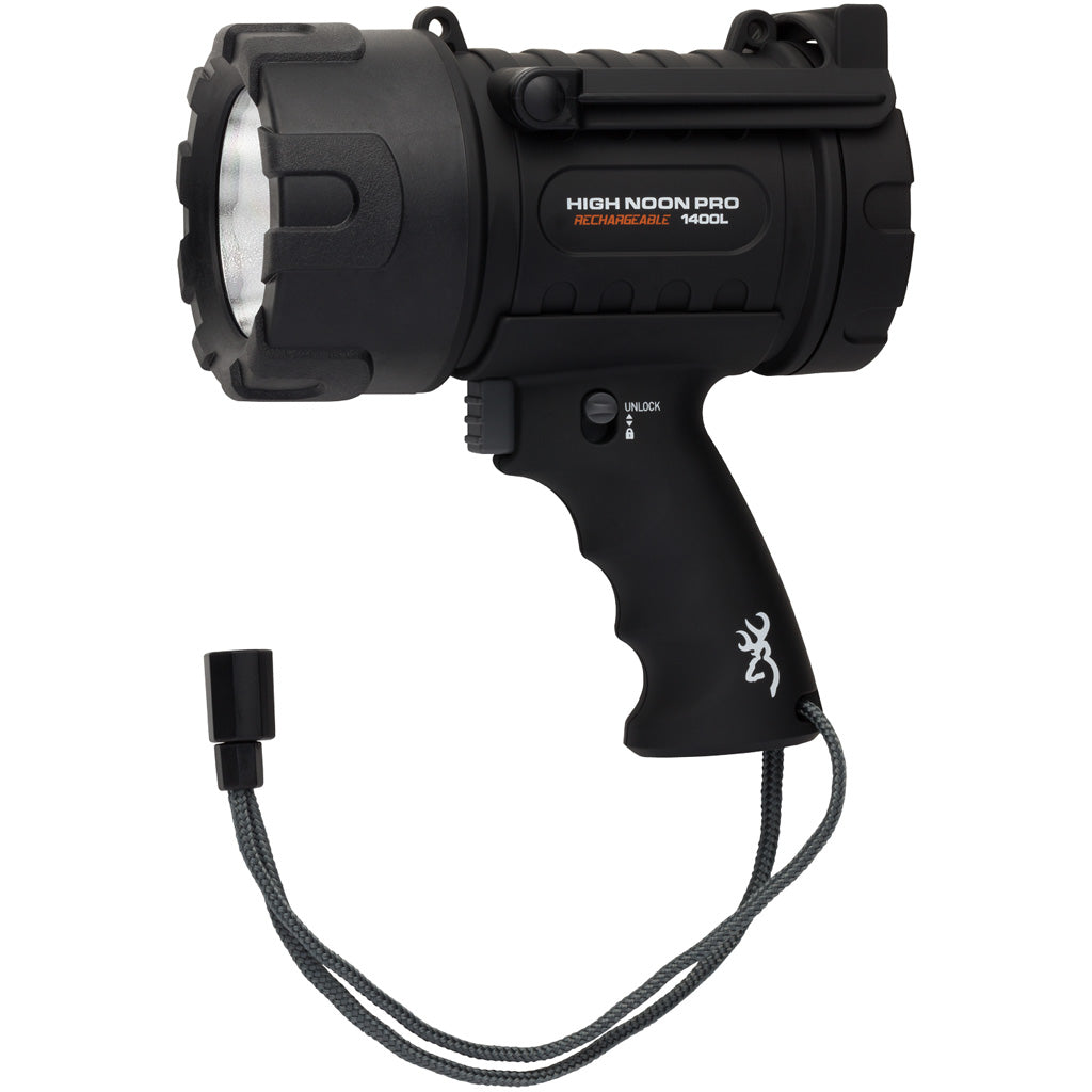 Black Browning High Noon Pro rechargeable spotlight with pistol grip, lockout switch and wrist lanyard