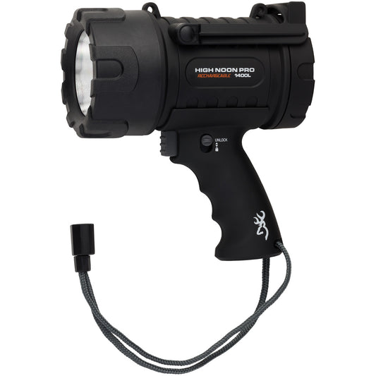 Black Browning High Noon Pro rechargeable spotlight with pistol grip, lockout switch and wrist lanyard