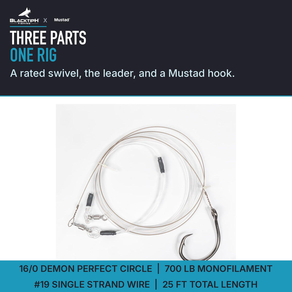 Mustad Monster Shark Rig hook, swivel and leader component graphic
