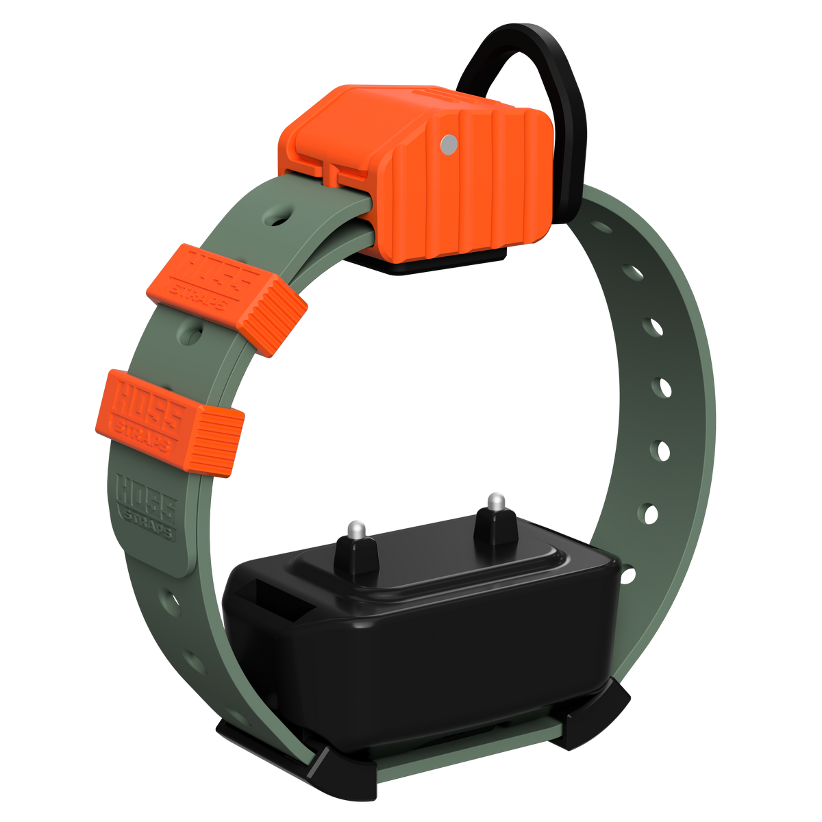 Hoss Straps Pro Series Training Collar Setup - muted green strap with orange buckle and device example, product view