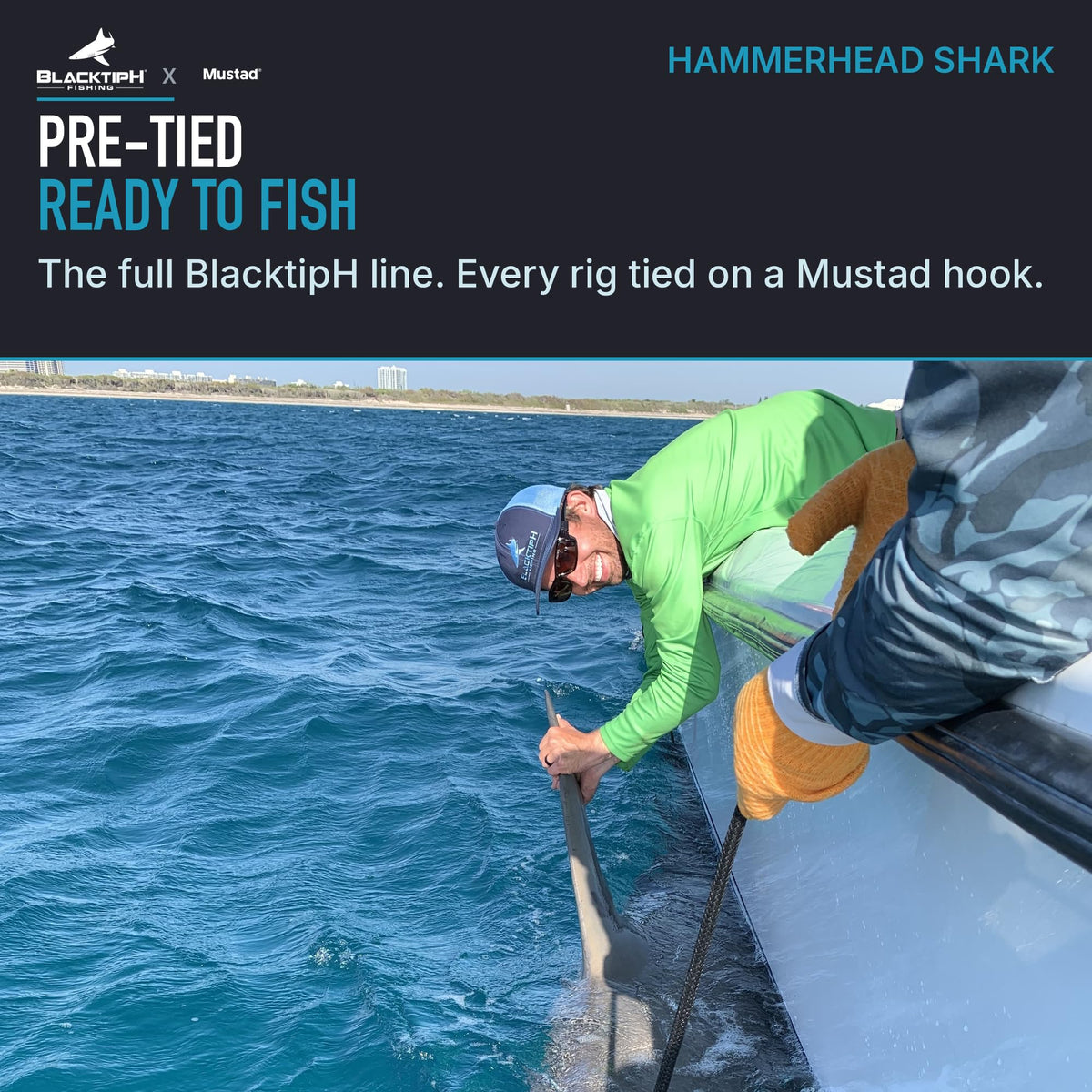 Mustad Monster Shark Rig graphic with an angler handling a shark