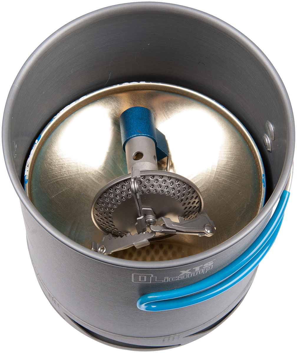 Olicamp Kinetic stove nested above a fuel canister inside the XTS pot; fuel sold separately
