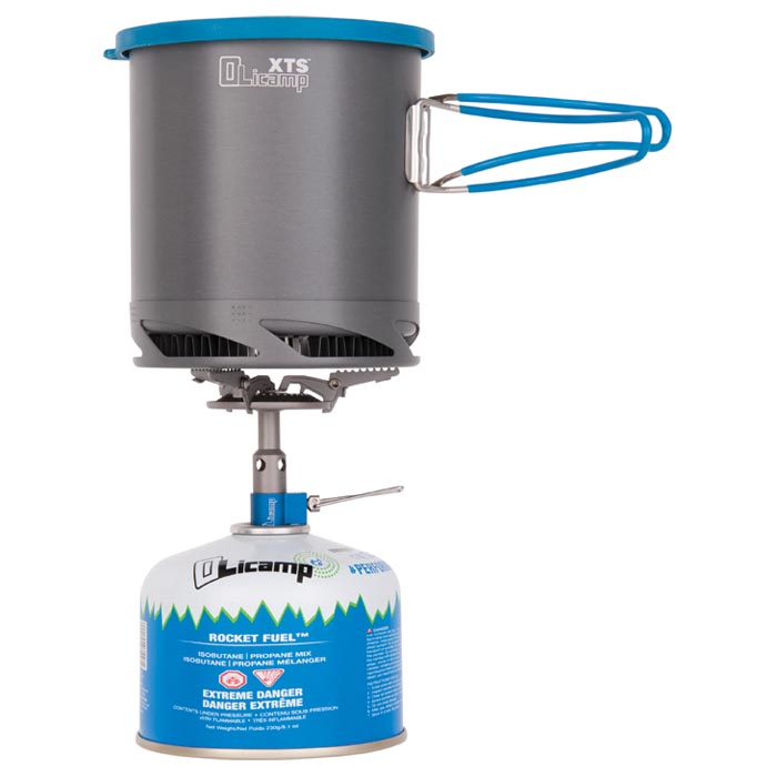 Olicamp Kinetic titanium stove supporting an XTS pot; fuel canister shown for illustration and sold separately