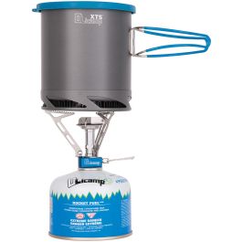 Olicamp XTS pot on a canister stove; fuel canister shown for illustration and sold separately