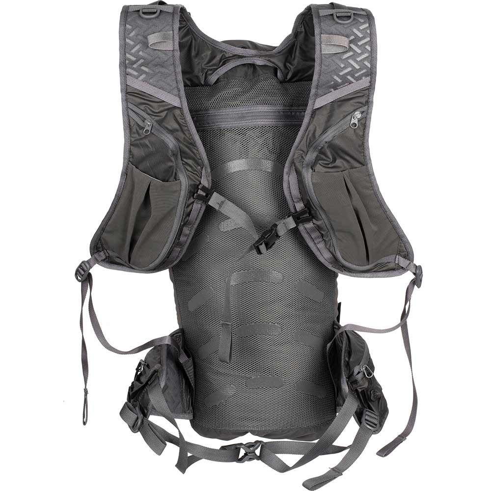 Gray Peregrine Vanga 25L pack, rear view showing shoulder straps and hip-belt pockets