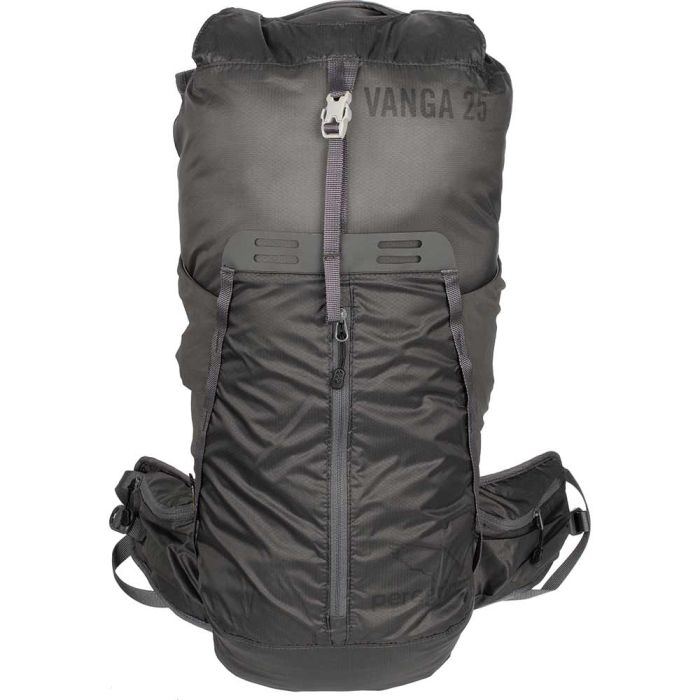 Gray Peregrine Vanga 25L pack, front view with roll-top closure and front pockets
