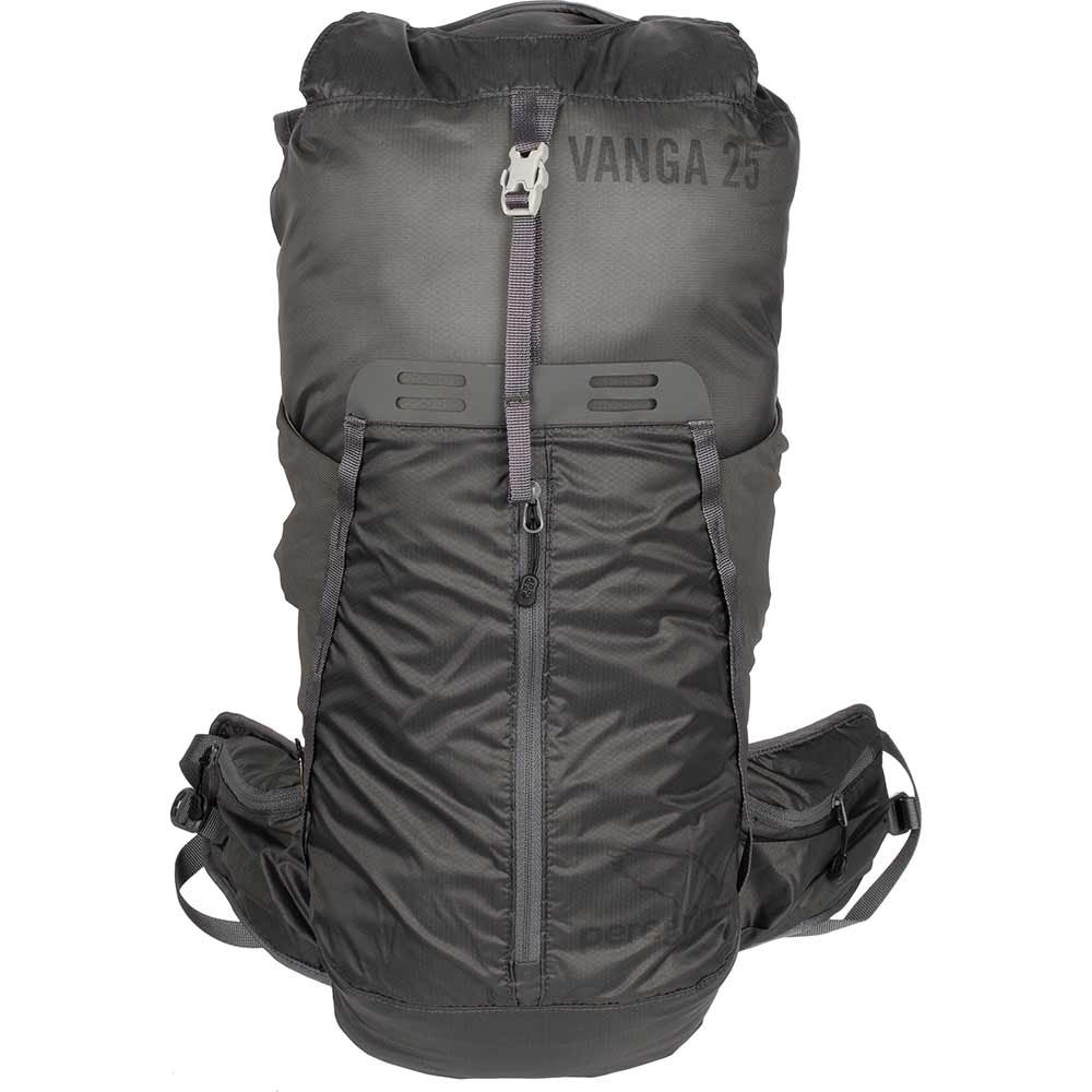 Gray Peregrine Vanga 25L pack, front view with roll-top closure and front pockets