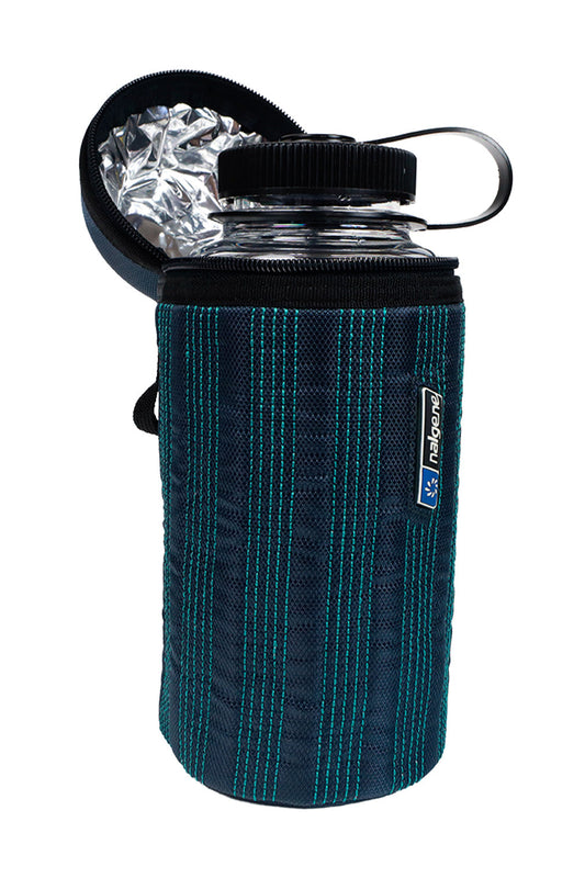 Nalgene 32 oz insulated sleeve unzipped around a bottle, showing the reflective lining; bottle sold separately