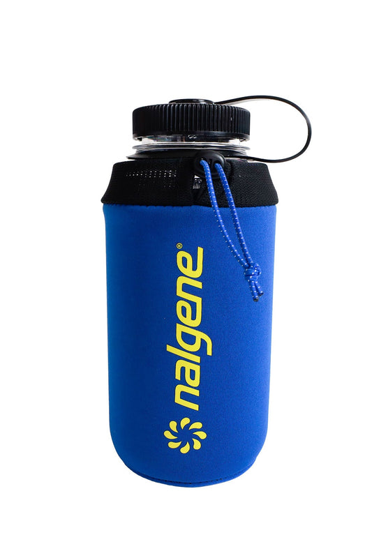 Blue Nalgene neoprene sleeve around a 32 oz wide mouth bottle; bottle sold separately