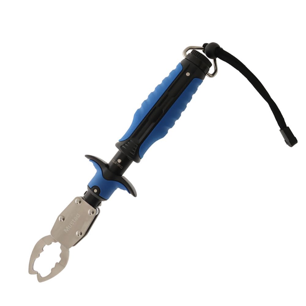 Mustad lip gripper with scale, blue handle and wrist lanyard
