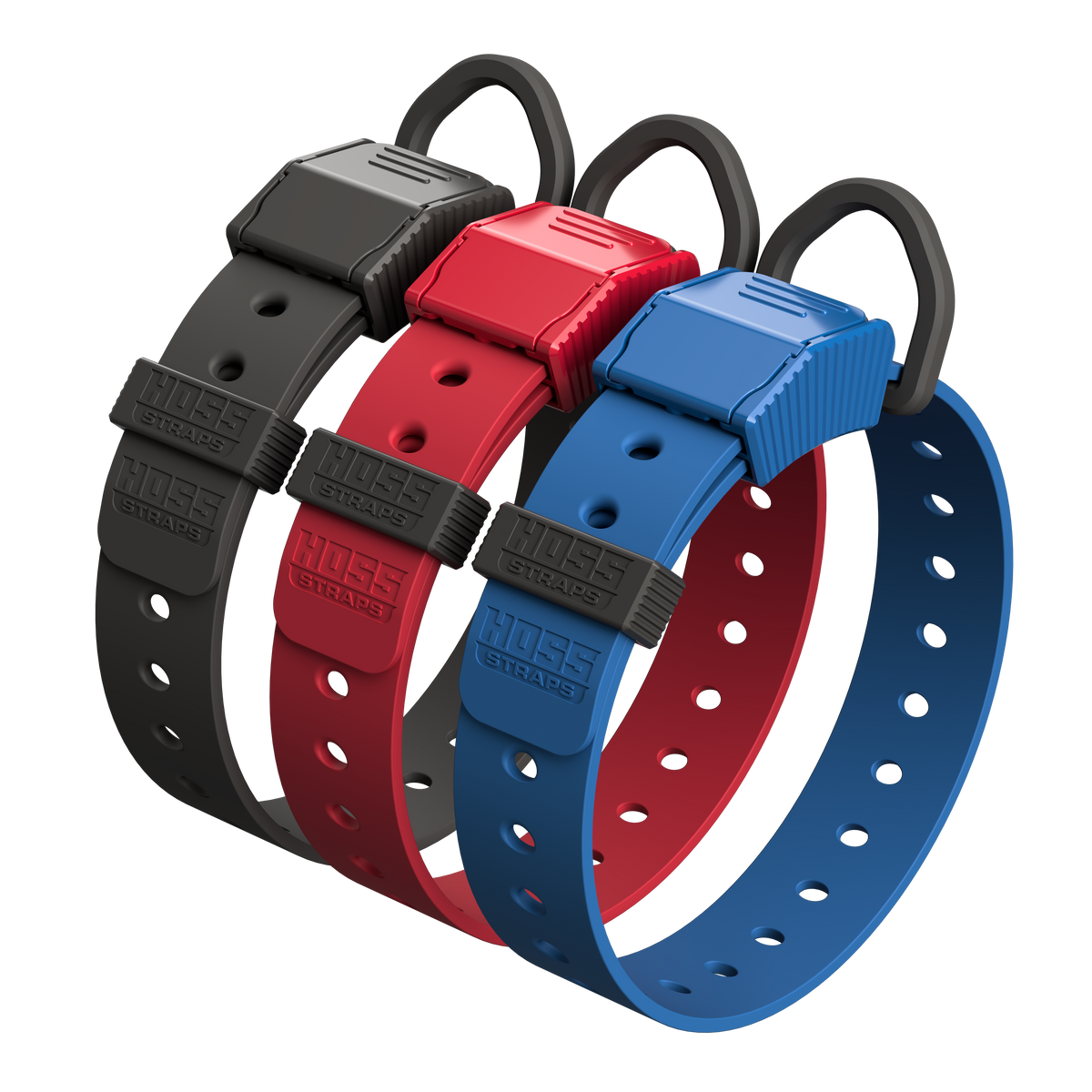 Three Hoss field collars in black, red and blue