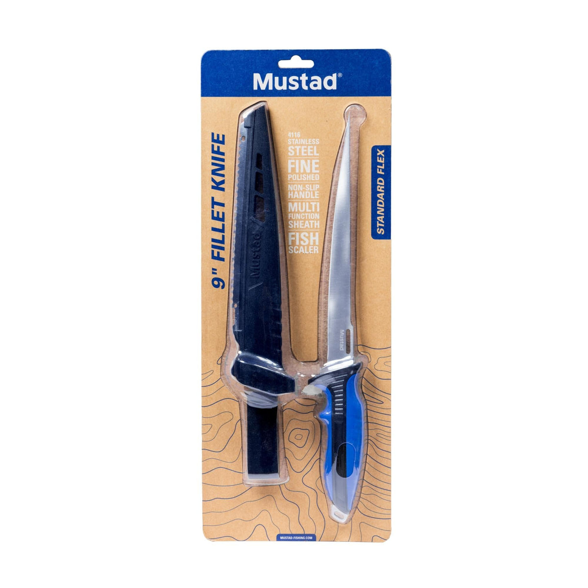 Mustad 9-inch fillet knife and sheath in retail packaging